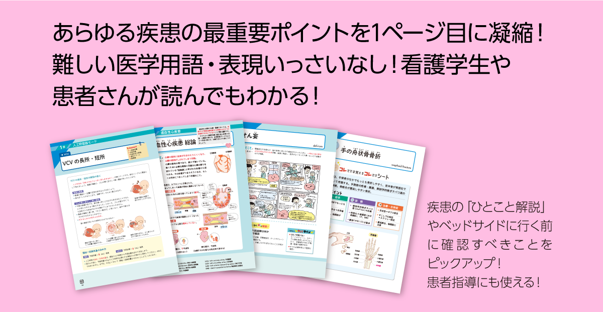 あらゆる疾患の最重要ポイントを1ページ目に凝縮！難しい医学用語・表現いっさいなし！看護学生や患者さんが読んでもわかる！疾患の「ひとこと解説」やベッドサイドに行く前に確認すべきことをピックアップ！患者指導にも使える！
